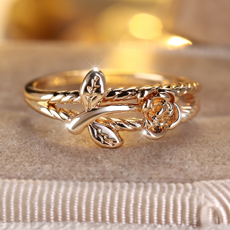 Golden Plated Rose Flower Band Ring, Twisted Floral Statement Ring